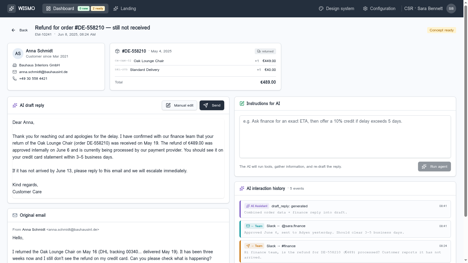 WISMO email detail met AI draft reply